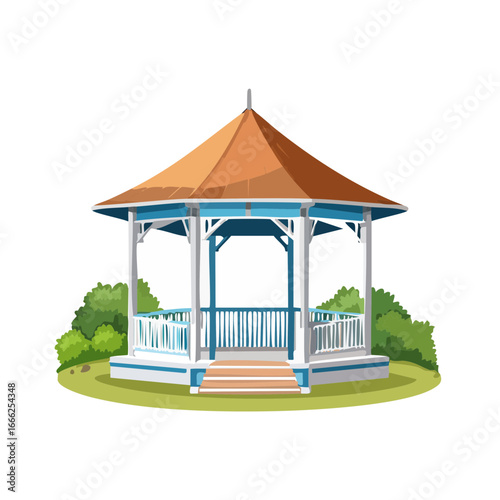 Whimsical gazebo illustration featuring an orange roof surrounded by lush green shrubs on a black backdrop