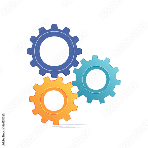 Three colorful gears meshing together illustrating connection and teamwork on black backdrop
