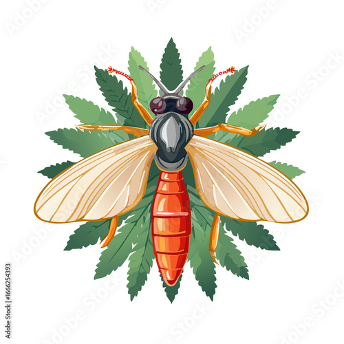 Illustration of stylized wasp against a green leaf background with black background