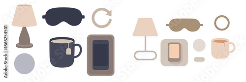 Bedside table items for sleep and relaxation, Minimalist flat design