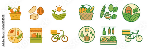 Farm fresh produce and local food symbols, Minimalist flat design