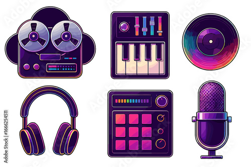Music Production Gear Neon Glow, Minimalist flat design