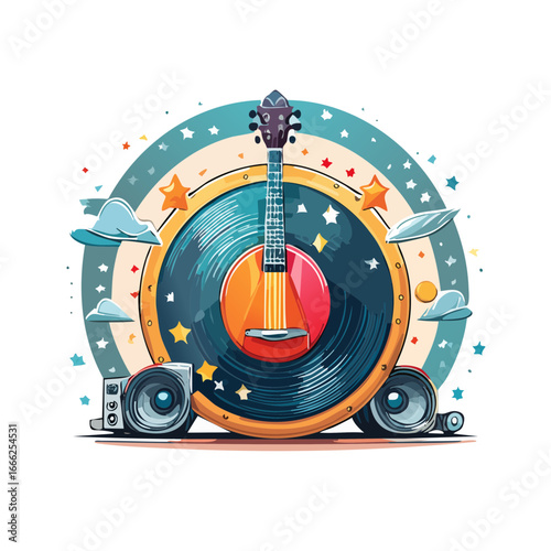 Whimsical Music Illustration with Stringed Instrument, Vinyl Record, Speakers, and Celestial Elements