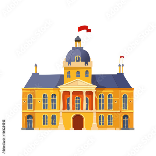 Ornate yellow governmental building with dome, columns, and flags on black background