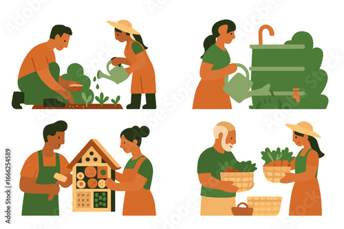 Diverse people gardening and harvesting fresh vegetables