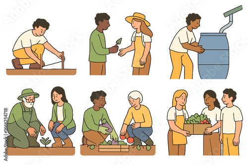 Diverse people gardening and harvesting fresh produce