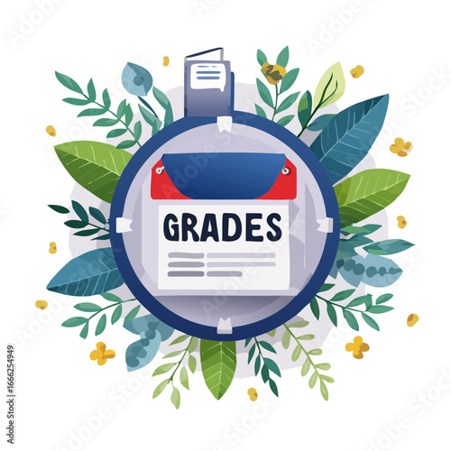 School grades report card concept with leaves illustration, assessment, performance and education