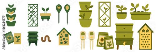 Gardening Tools and Supplies Assortment, Minimalist flat design