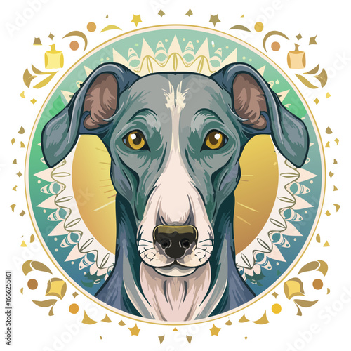 Elegant Whippet Portrait Illustration Ornate Decorative Circle Gold Accents