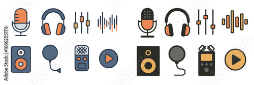 Audio Recording Gear Icons, Minimalist flat design