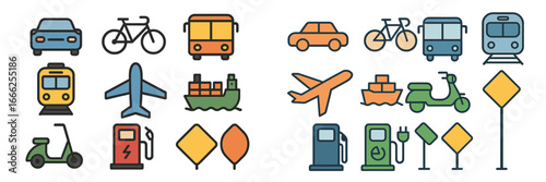 Diverse Transportation and Fueling Icons Set, Minimalist flat design