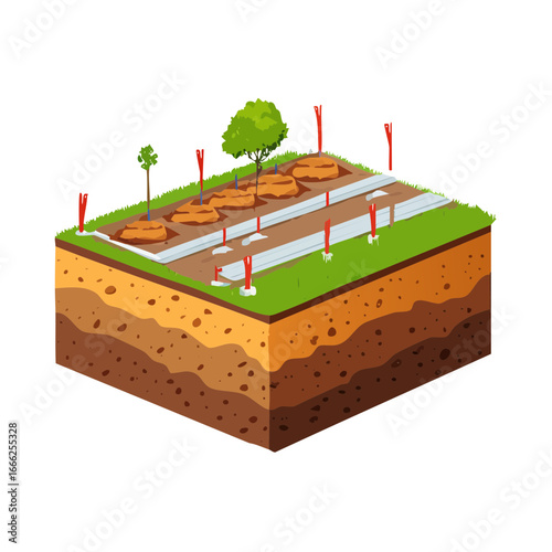 Isometric View of Planting Trees and Layered Soil Cross Section Graphic