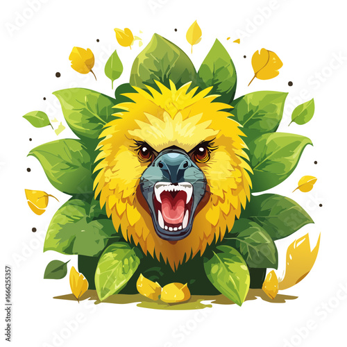 Fearsome Yellow Monkey Roaring Surrounded by Lush Green Leaves Illustration Isolated on Black Background