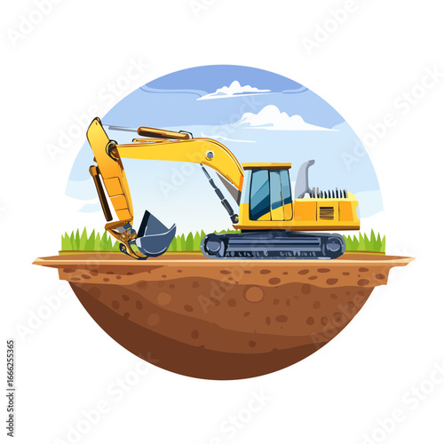 Yellow Excavator on a Cross Section of Ground with Blue Sky and Clouds Cartoon Illustration