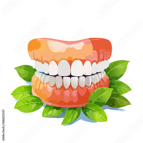 Dentures with Green Leaves Illustration for Dental Health, Prosthetics and Oral Care