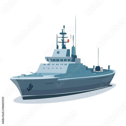 Illustration of a modern navy warship with radar and comms equipment. Dark blue ship isolated on a black background.