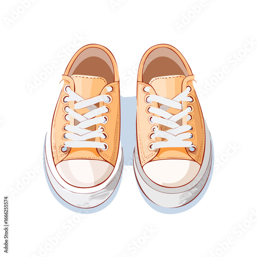 Illustration of peach sneakers with white laces on black background, footwear design