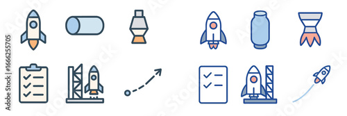 Rocket Launch and Space Exploration Icons, Minimalist flat design