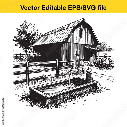 Rustic farm barn with a watering trough and fence in a rural countryside setting