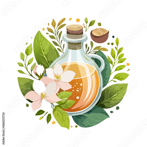 Herbal essence illustration for cosmetic product bottle with flowers and leaves organic health