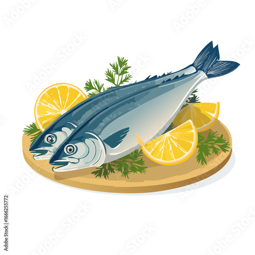 Two mackerel fish arranged on a platter with lemon slices and parsley garnish for a seafood meal