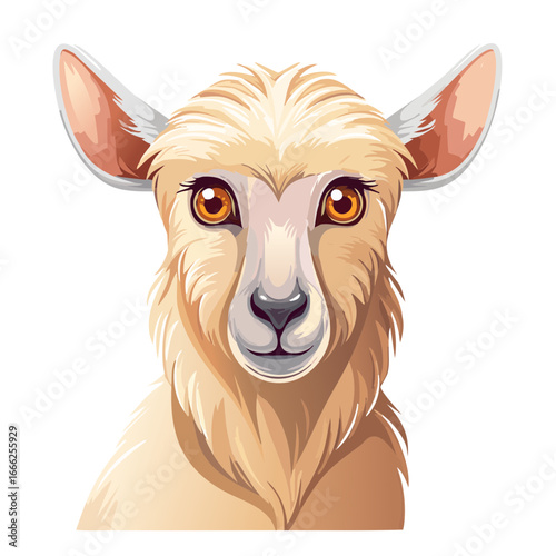 Illustration of a Light-Colored Llama Face with Large Eyes on Black Background