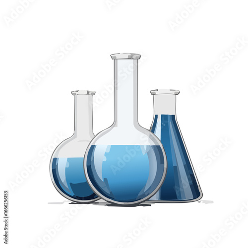 Glass laboratory beakers filled with blue liquid science research experiments
