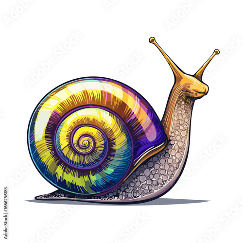Artistic snail illustration vibrant shell design with yellow purple and blue colors against a black background