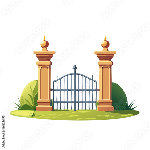 Decorative gate vector illustration entrance portal with stone pillars and green grass landscaping garden element design
