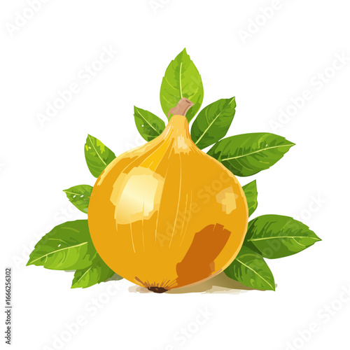Golden Onion Illustration with Green Leaves Isolated on Black Background