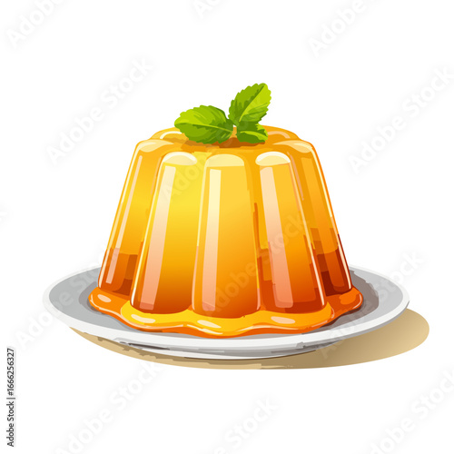 Delicious Orange Jelly Dessert with Mint Garnish on Plate Sweet Treat Illustration
