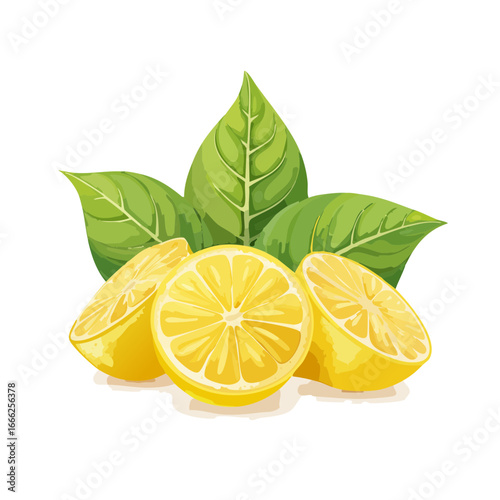 Fresh Lemon Halves with Green Leaves Illustration Citrus Fruit Still Life Refreshing Juice Ingredient Graphic Element