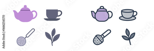 Tea Set Icons: Teapot, Cup, and Leaves, Minimalist flat design