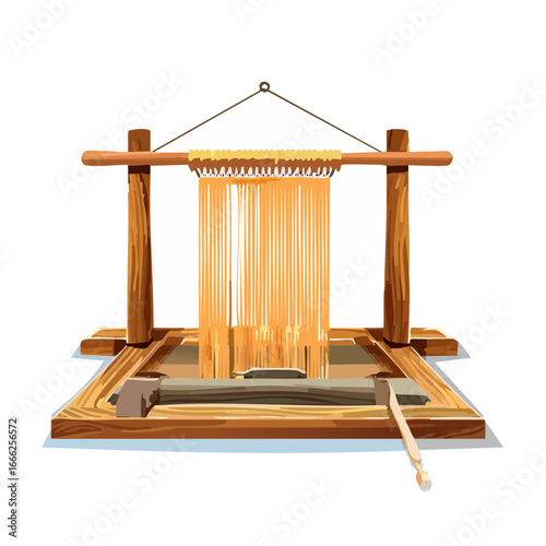 Cartoon Wooden Loom Ready for Weaving with Tan Threads Craft Project Creation