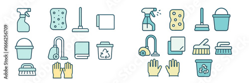 Cleaning Supplies and Tools Icons, Minimalist flat design