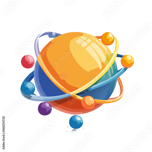 Colorful cartoon atom illustration with orbiting electrons Physics education science abstract concept bright glossy vector design