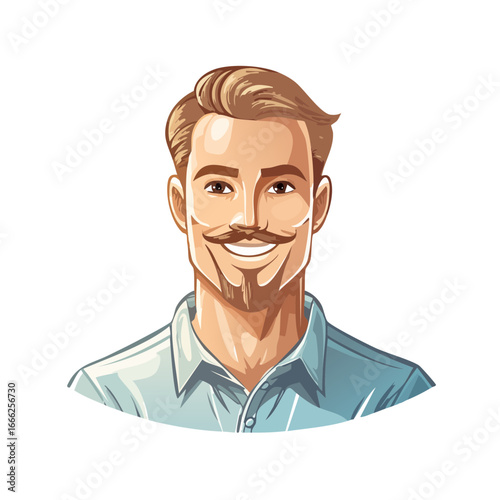Stylized portrait illustration of a smiling man with moustache and beard wearing a button-down shirt on black background