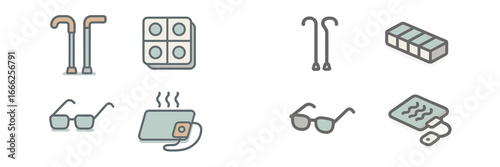 Medical Aids and Health Items Icons, Minimalist flat design