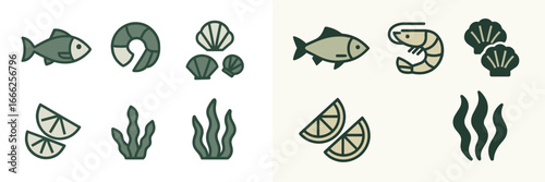 Seafood icons: fish, shrimp, scallops, lemon slices, and seaweed
