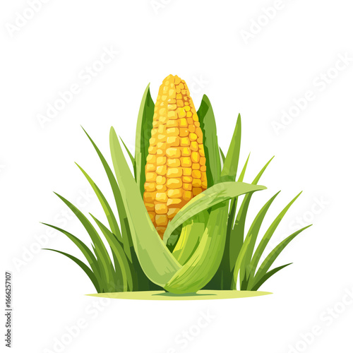 Fresh ripe corn on the cob vector illustration. Sweet yellow kernels in green husk leaves. Farming harvest ingredient for cooking food.