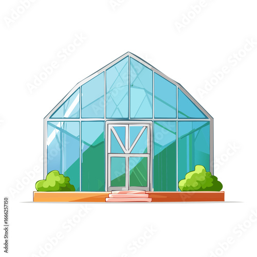 Cute greenhouse with glass roof and doors. Cartoon hothouse for plants growing. Garden conservatory building for farming illustration.