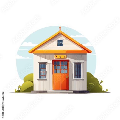 Cute white cottage vector illustration Bright orange trim Blue windows Cartoon house Residential dwelling Home facade Property design Landscape