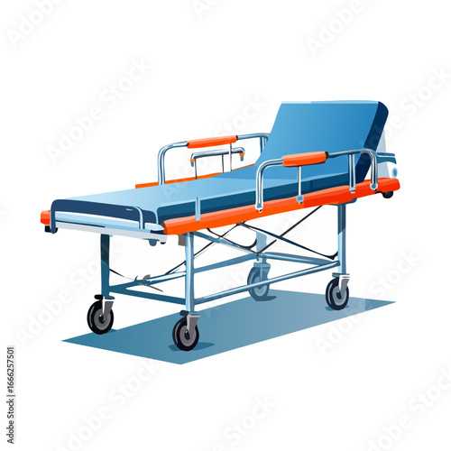 Illustration of a blue and orange medical gurney or hospital stretcher on wheels for patient transport