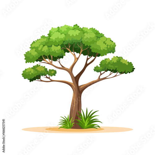 Stylized tree with green leaves stands on tan ground, with grass details against a black background.