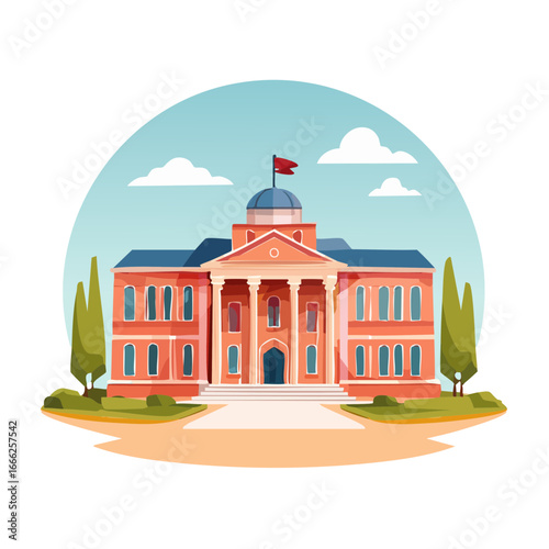 Cartoon Illustration of an educational building with flag, columns, trees, and steps on a sky background.
