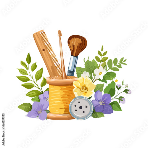 Sewing kit illustration with flowers and foliage Comb brush and button adorn a charming vintage thread spool design