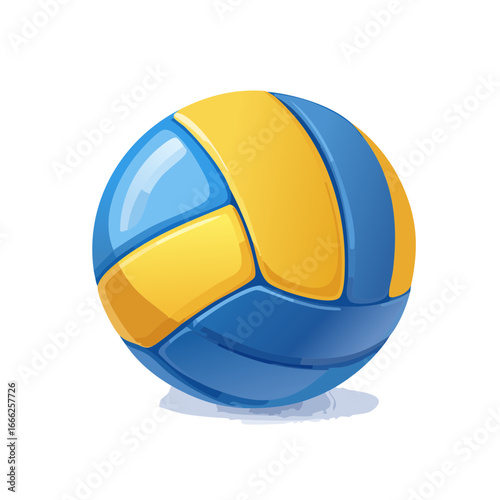 Isolated cartoon style volleyball illustration of blue and yellow colors on a black background for design elements.