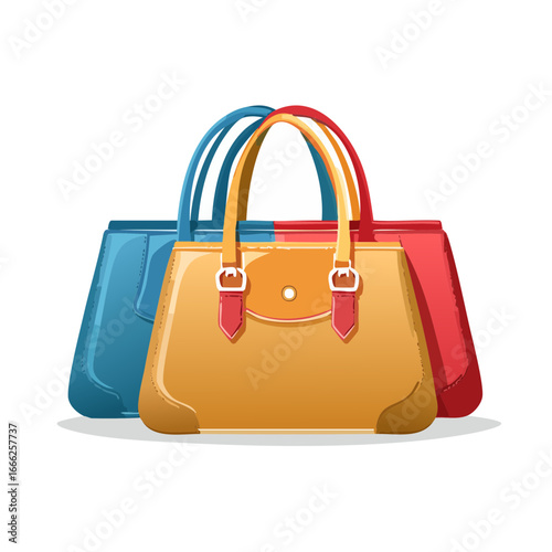 Chic Handbag Collection Illustration Fashionable Accessories Set in Blue Gold and Red Isolated on Black Background