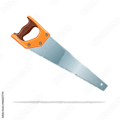 Handsaw with wooden handle and metal blade tool for cutting lumber and building materials