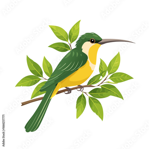 Green and Yellow Bird Perched on Branch with Leaves Isolated on Black